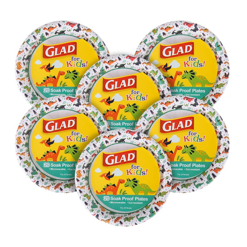 Glad for Kids 7-Inch Paper Plates | Small Round Paper Plates With Cute Dinosaur Design for Kids | Heavy Duty Disposable Soak Proof Microwavable Paper Plates for All Occasions, 120 Count - Image 1